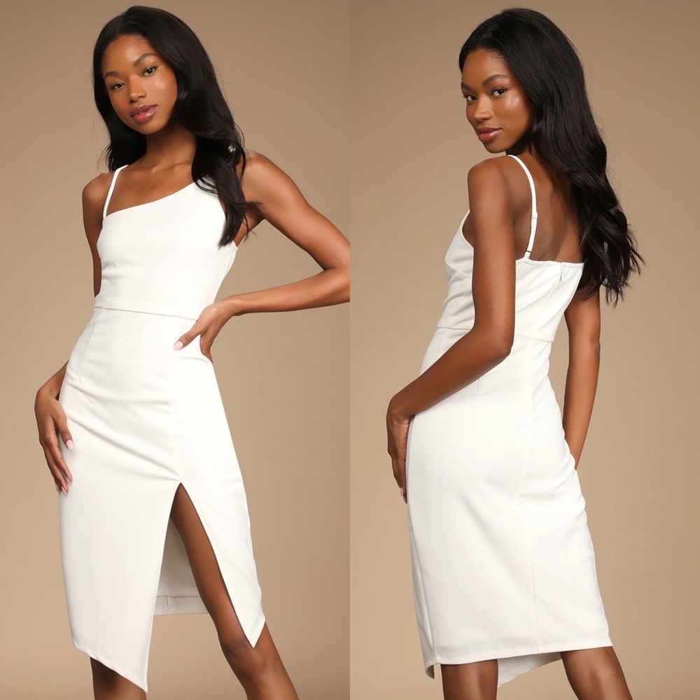 White Graduation dress Lulus Shape the Night White Asymmetrical Midi Dress S